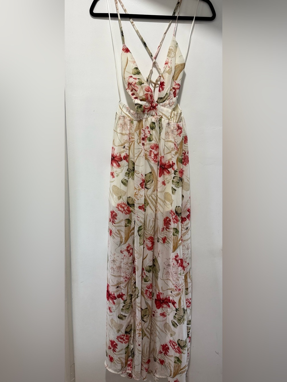 Fashion Nova Cream Floral Halter Maxi Dress with Pink Accents - Picture 3 of 5